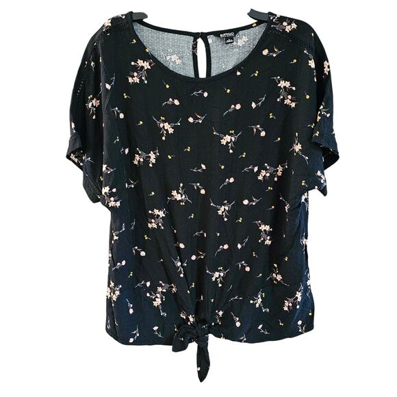 Buffalo David Bitton Womens L Tie Front Top Blouse Black Floral Cap Sleeve - Picture 1 of 9